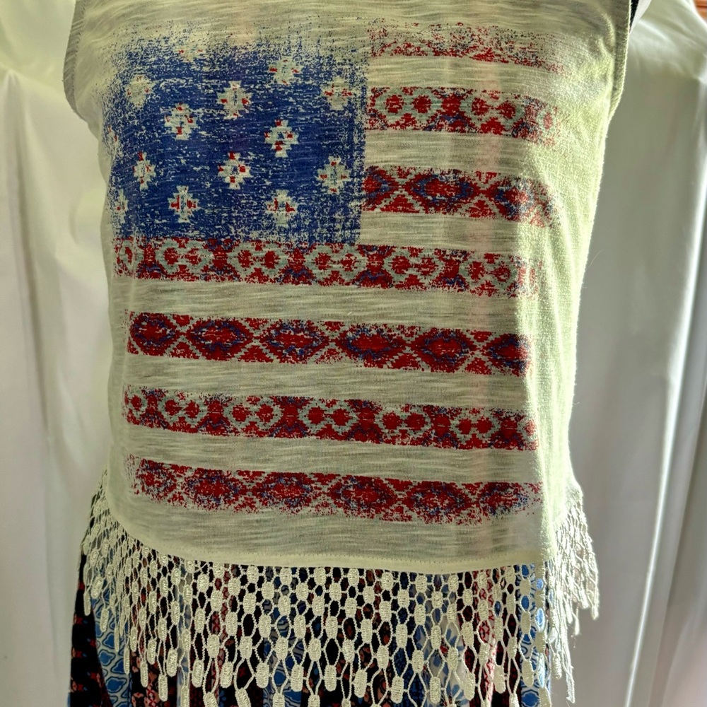 Modified Ladies S/M Tank Top. Patriotic Red, White& Blue. Fringed. Holidays